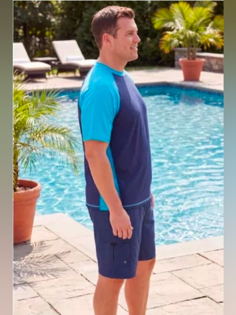 Men's Two-Tone Navy Turquoise Short-Sleeve Swim Rash Top Men's Size 2XL Unisex